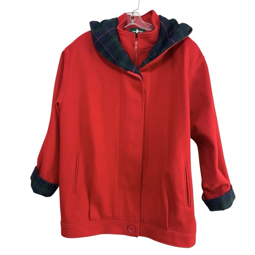 Hunt Club Wool‎ Blend Hooded Coat Sz 14 Red Plaid Lined Heritage Classic Cabin